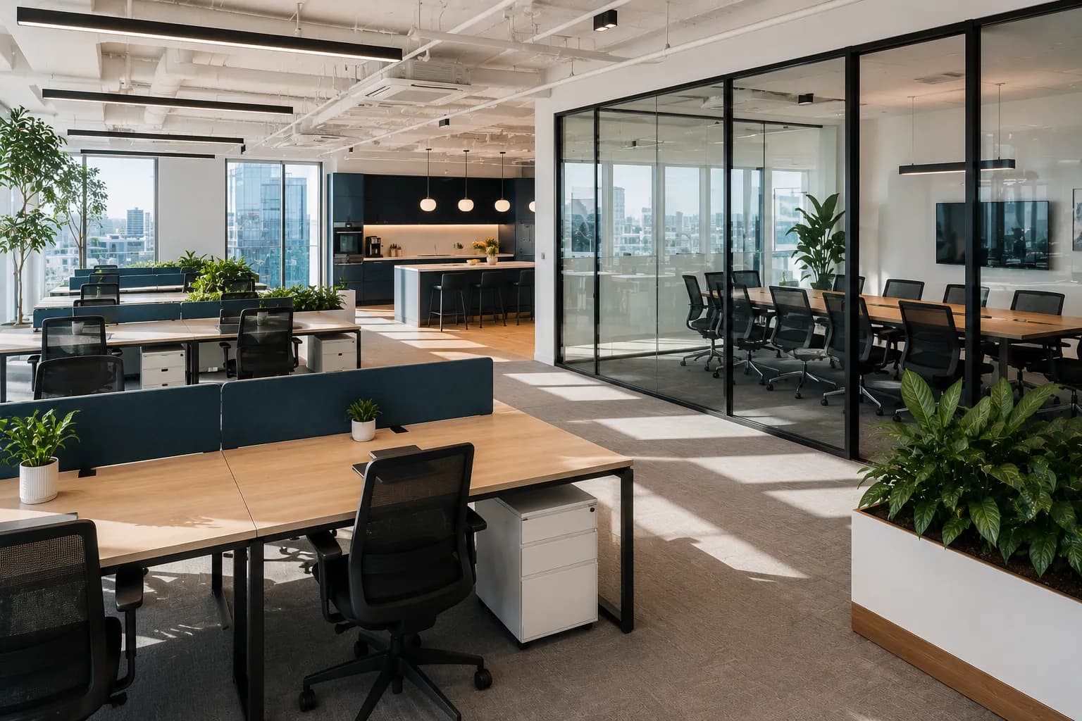 Modern açık ofis — düzenli, hijyenik çalışma alanı