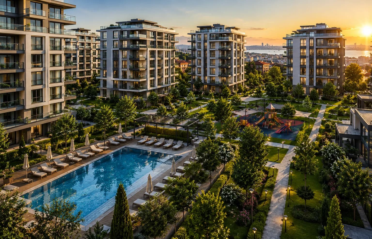 Bakımlı konut sitesi — havuz, peyzaj ve ortak alanlar