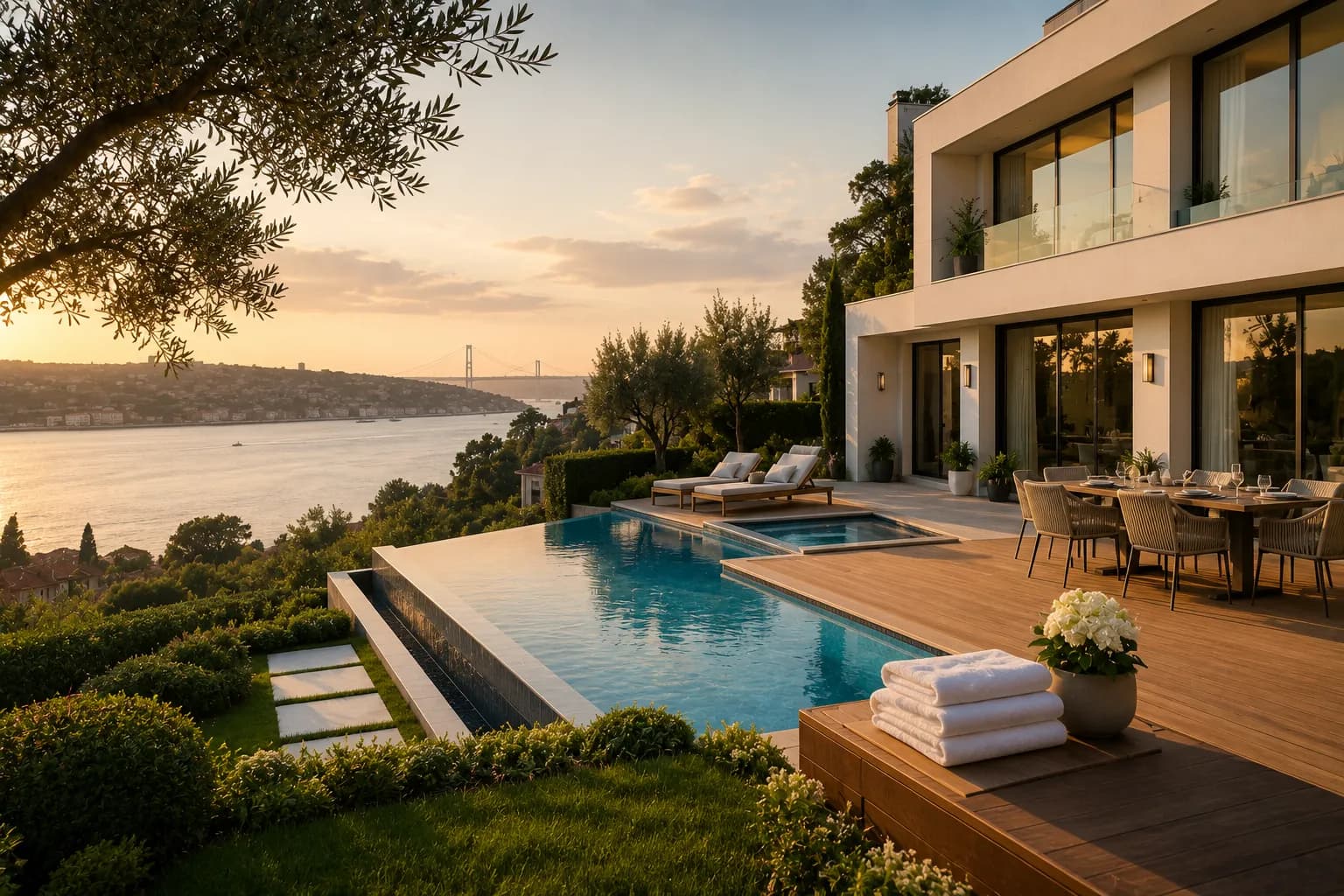 Boğaz manzaralı lüks villa — havuz ve teras